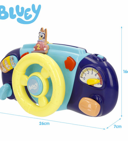 Bluey baby stroller toy set with four small blue and white steering wheels for young children, measuring 26 x 16 x 7 cm.