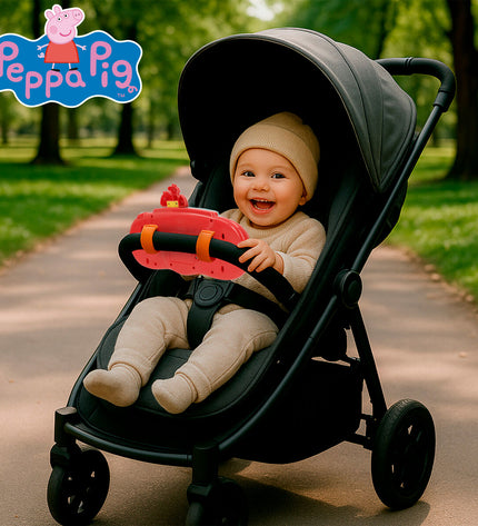 Four Peppa Pig baby stroller steering wheels, toy accessories for young children, measuring 26x17x7 cm.