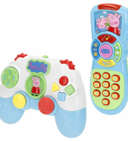 Set of four Peppa Pig baby learning phones, colorful plastic toys for young children, measuring 15 x 11 x 5 cm each.