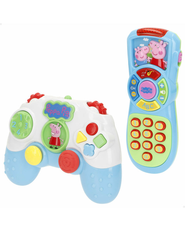 Set of four Peppa Pig baby learning phones, colorful plastic toys for young children, measuring 15 x 11 x 5 cm each.