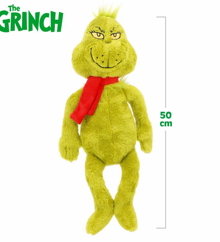 Four soft plush Grinch stuffed toys made of red polyester, featuring The Grinch brand, perfect for cuddling or play.