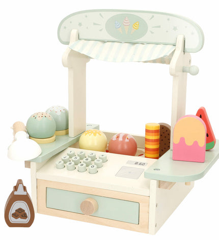 Woomax speelgoed ijssalon set with pretend ice cream scoops, cones, and cash register for imaginative play.