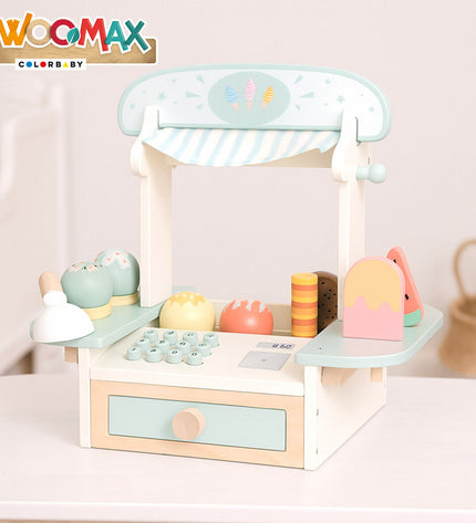 Woomax speelgoed ijssalon set with colorful pretend ice cream cones and play food for imaginative role-playing fun.