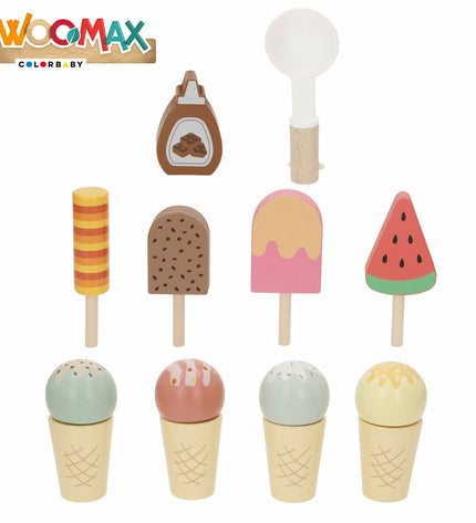 Colorful Woomax Speelgoed ijssalon toy set for imaginative play, featuring ice cream decorations and accessories for pretend ice cream shop fun.