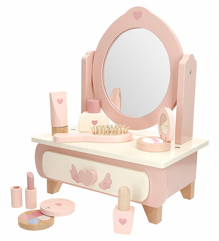 Pair of Woomax toy dressing tables with mirrors and accessories for imaginative play, designed for children.