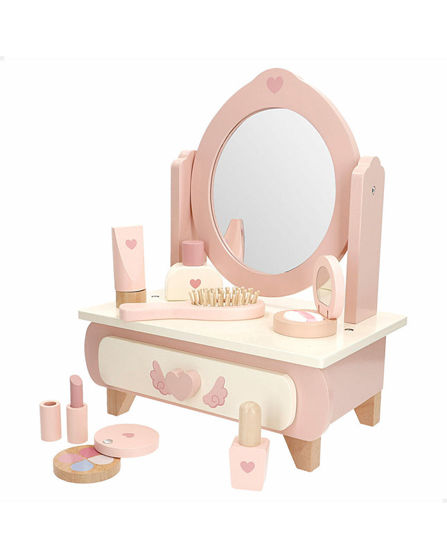 Pair of Woomax toy dressing tables with mirrors and accessories for imaginative play, designed for children.