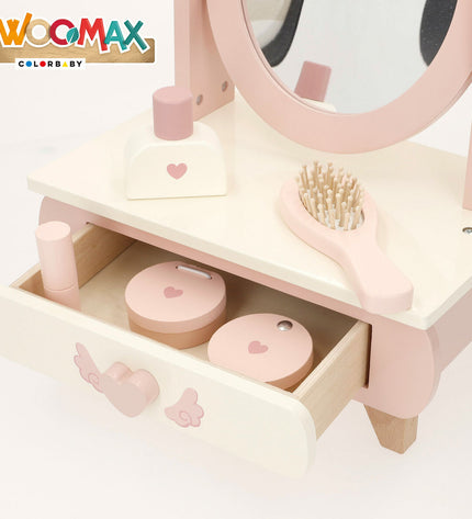 Woomax speelgoed kaptafel set with two pretend play dressing tables for kids, featuring mirrors and accessories in bright colors.