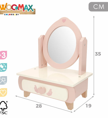 Pair of Woomax toy dressing tables with mirrors and accessories for imaginative role-play and pretend play activities.