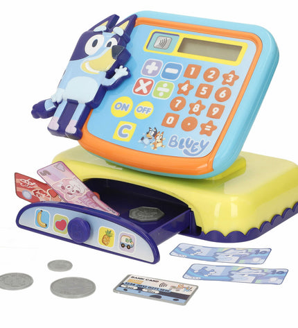 Bluey toy cash register set with four blue and pink play cash registers, measuring 19x15x13 cm, for pretend shopping games.