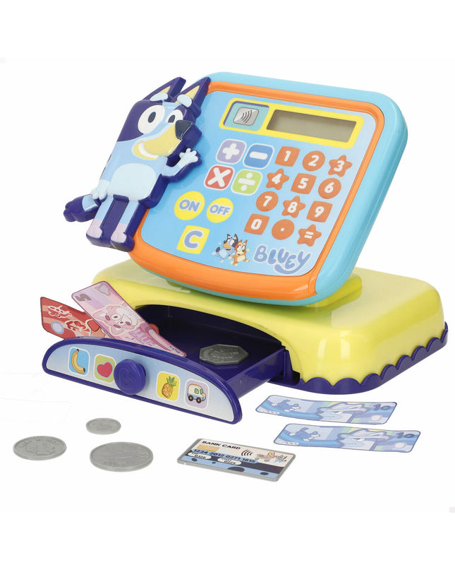 Bluey toy cash register set with four blue and pink play cash registers, measuring 19x15x13 cm, for pretend shopping games.