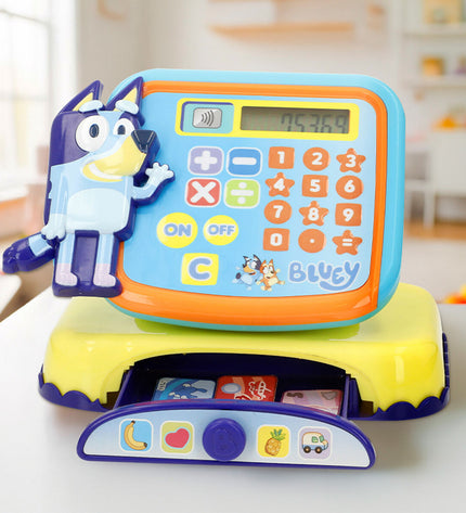 Bluey toy cash register set with four blue and white play cash registers, 19x15x13 cm, for pretend shopping and role-playing.