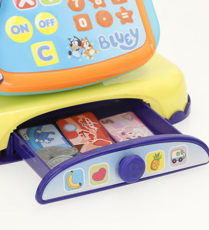 Set of four Bluey toy cash registers, each approximately 19x15x13 cm, designed for imaginative play and pretend shopping activities.