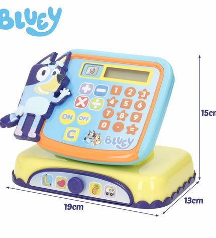 Bluey toy cash register set with four blue and pink play cash registers, 19x15x13 cm, for pretend shopping games.