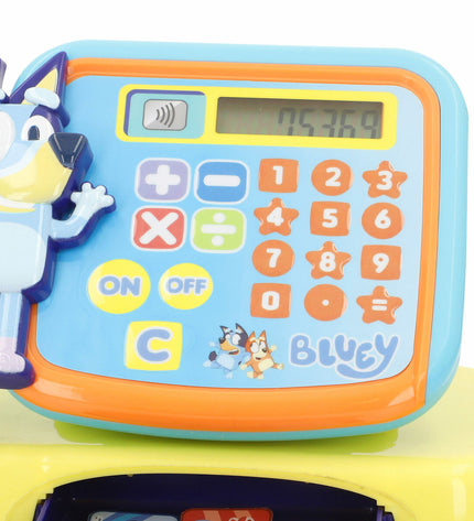 Set of four Bluey toy cash registers, each 19x15x13 cm, ideal for pretend play and imiteerspelletjes in bright blue color.