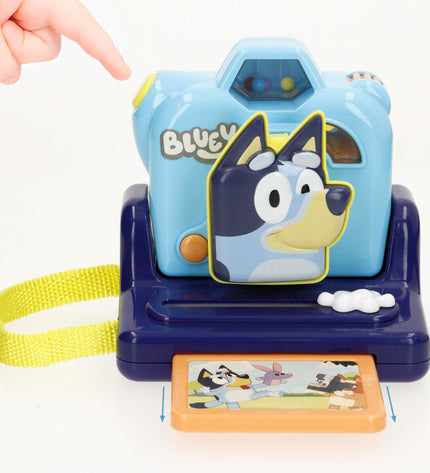 Set of four Bluey toy cameras in blue, colorful plastic electronic toys for children, ideal for imaginative play.