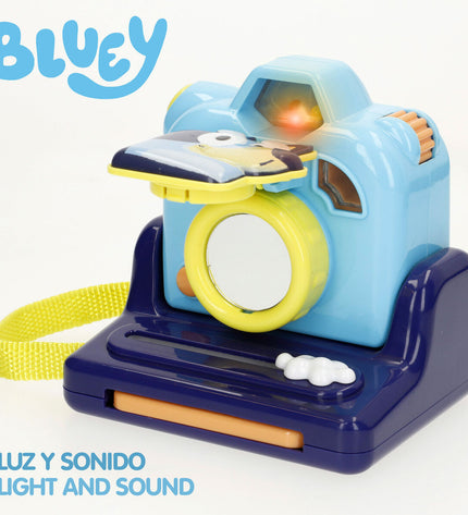 Four Bluey-themed toy cameras in blue color, electronic toy set for children, featuring colorful design and playful details.