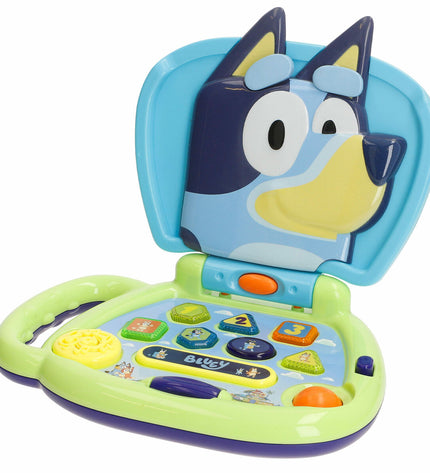 Four Bluey electronic toy computers in blue with screens and buttons, measuring 20x17x14 cm, for kids' play and learning.