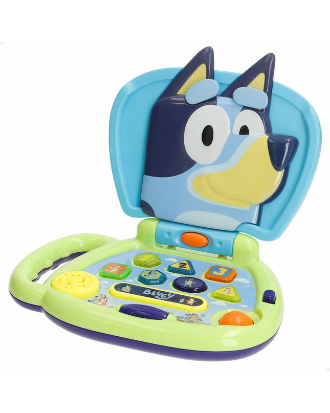 Four Bluey electronic toy computers in blue with screens and buttons, measuring 20x17x14 cm, for kids' play and learning.