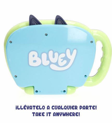 Set of four Bluey electronic toy computers in blue, measuring 20x17x14 cm, ideal for children's play and learning.