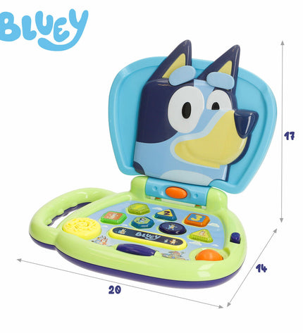 Set of four Bluey electronic toy computers in blue with colorful buttons, measuring 20x17x14 cm, suitable for children.