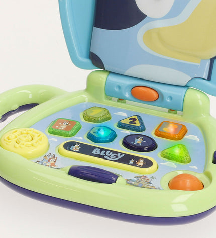Set of four Bluey electronic toy computers in blue, measuring 20x17x14 cm, ideal for children's play and learning.