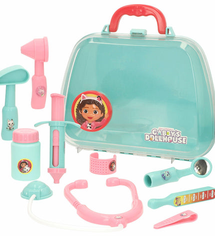 Gabby's Dollhouse toy doctor bag with accessories, including stethoscope, syringe, and tools for imaginative play.