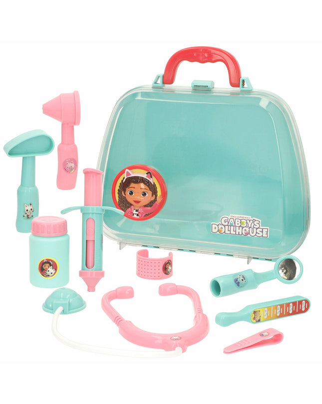 Gabby's Dollhouse toy doctor bag with accessories, including stethoscope, syringe, and tools for imaginative play.