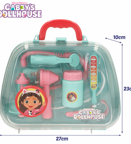 Gabby's Dollhouse toy doctor set with accessories, including a stethoscope, syringe, and other medical tools for imaginative play