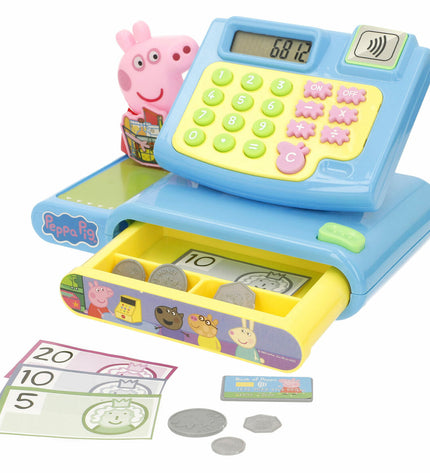 Set of four Peppa Pig toy cash registers, 19x15x13 cm, for imaginative play and role-playing games.