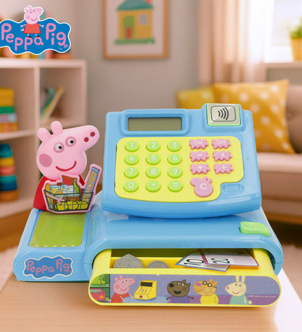 Peppa Pig toy cash register set with four colorful play cash registers, ideal for imaginative role-playing games.