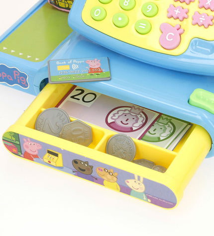 Peppa Pig toy cash register set with four colorful play units, ideal for pretend shopping and role-playing games.