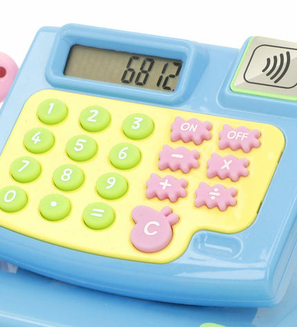 Peppa Pig toy cash register set with four pieces, colorful play money and pretend shopping accessories for kids' imiteerspelletjes.