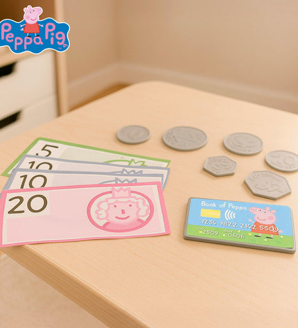 Peppa Pig toy cash register set with four pieces, colorful play money and buttons, ideal for imaginative role-playing fun.