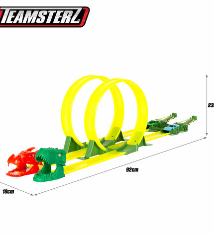 Set of four Teamsterz toy vehicles, colorful race cars and trucks, perfect for children's play and imaginative racing fun.