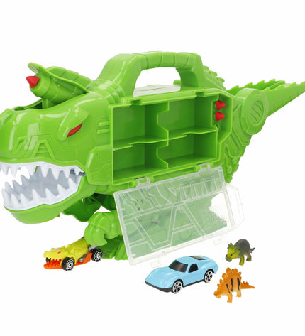 Teamsterz dinosaur vehicle playset with four colorful toy cars and a green dinosaur figure, perfect for imaginative play.