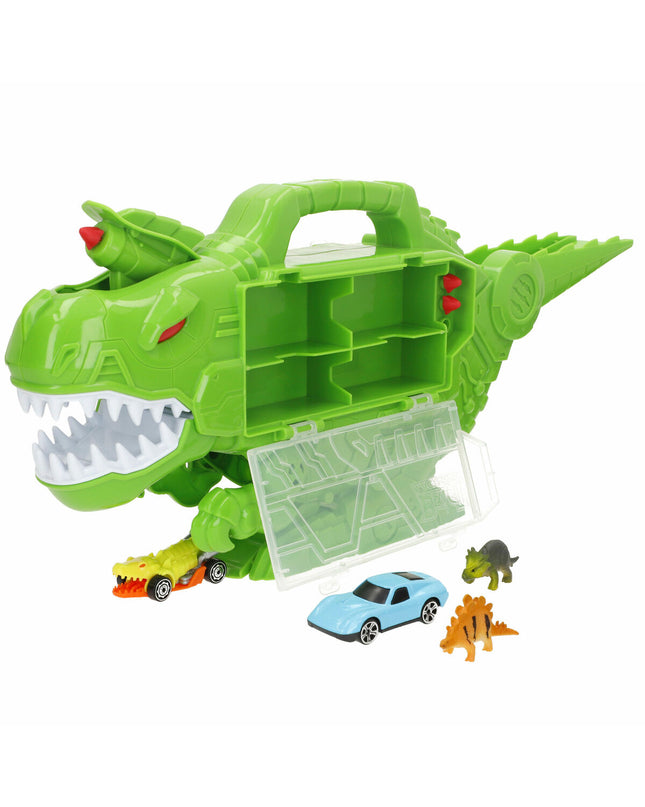 Teamsterz dinosaur vehicle playset with four colorful toy cars and a green dinosaur figure, perfect for imaginative play.