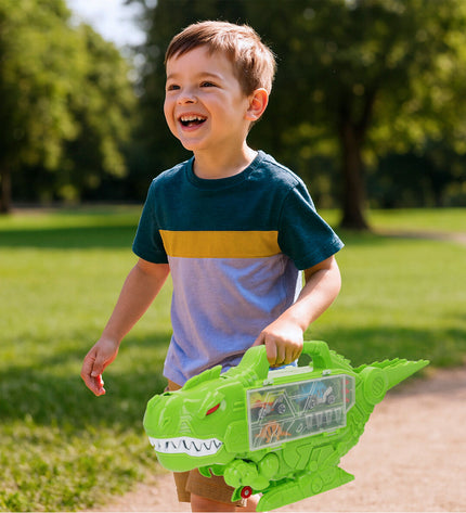 Teamsterz dinosaur vehicle playset with four colorful toy cars and dinos on a white background.