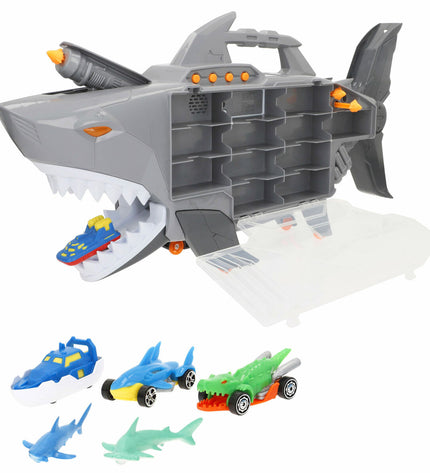 Teamsterz Haai vehicle playset with three colorful toy cars, perfect for imaginative play and vehicle enthusiasts.