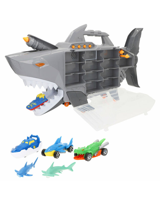 Teamsterz Haai vehicle playset with three colorful toy cars, perfect for imaginative play and vehicle enthusiasts.