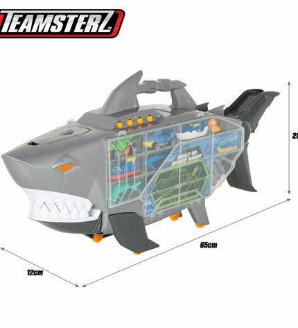 Teamsterz vehicle playset featuring three shark-themed toy cars, designed for imaginative play and vehicle enthusiasts.