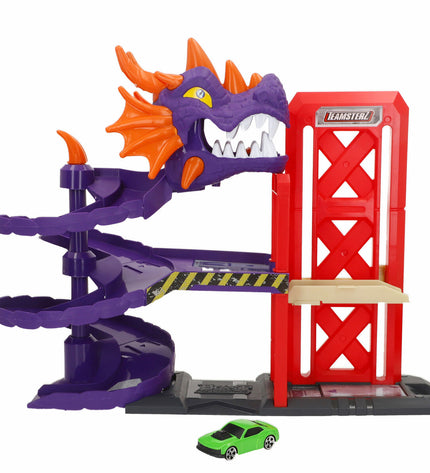 Set of four Teamsterz toy vehicles, race track playset, colorful plastic cars and trucks for children’s racing and play fun.
