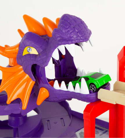 Set of four Teamsterz toy vehicles in a race track playset, measuring 43 x 32 x 19 cm, for kids' racing and vehicle play.