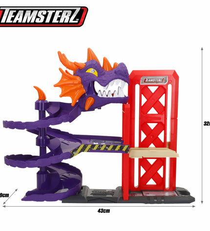 Set of four Teamsterz toy race tracks, 43x32x19 cm, colorful plastic vehicles perfect for children's play and racing fun.