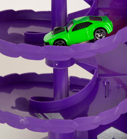 Four Teamsterz toy vehicles, race track set measuring 43x32x19 cm, colorful plastic playcars for kids' racing fun.