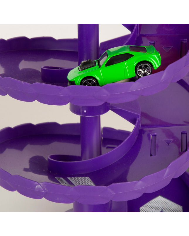 Four Teamsterz toy vehicles, race track set measuring 43x32x19 cm, colorful plastic playcars for kids' racing fun.