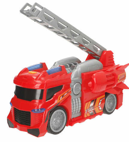 Set of four Teamsterz red and gray fire truck toys, each measuring 30x16x13 cm, for imaginative pretend play.