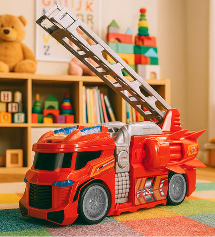 Set of four Teamsterz fire truck toys in red and gray, measuring 30x16x13 cm, perfect for children's play vehicles.
