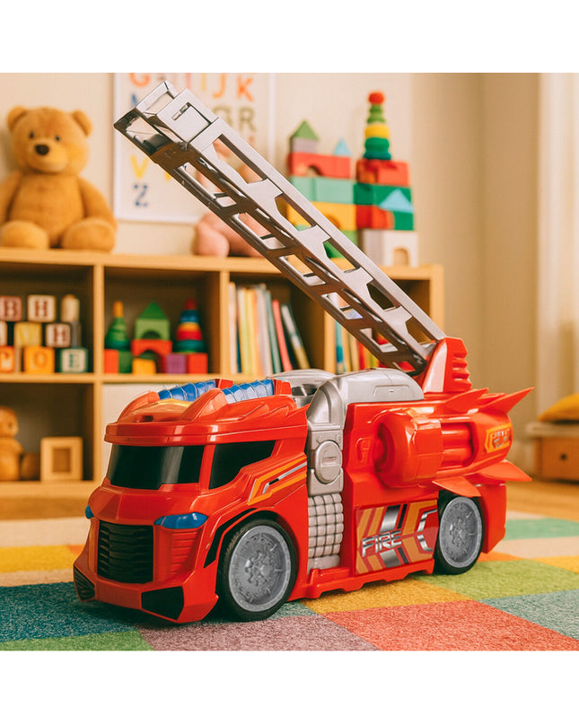 Set of four Teamsterz fire truck toys in red and gray, measuring 30x16x13 cm, perfect for children's play vehicles.