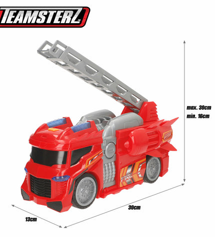 Set of four Teamsterz red and gray fire truck toys, 30x16x13 cm, for imaginative play and vehicle fun.