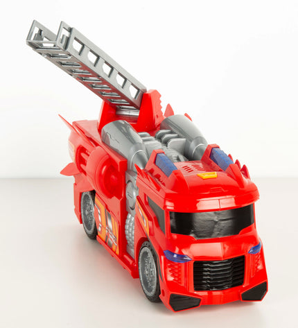 Set of four Teamsterz fire truck toys in red and gray, measuring 30x16x13 cm, for imaginative play.